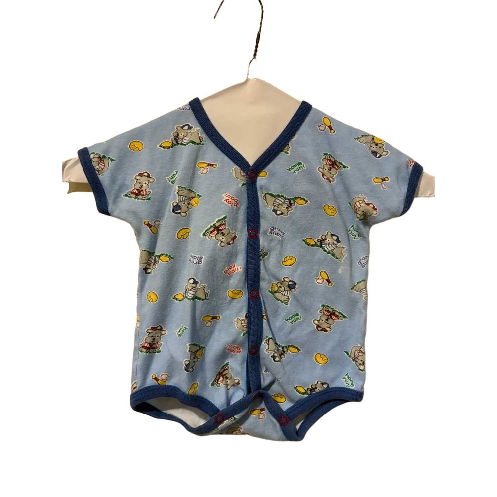 Vintage Honors Baby Baseball Bear Print Blue Snap Front Bodysuit 3-6 Months